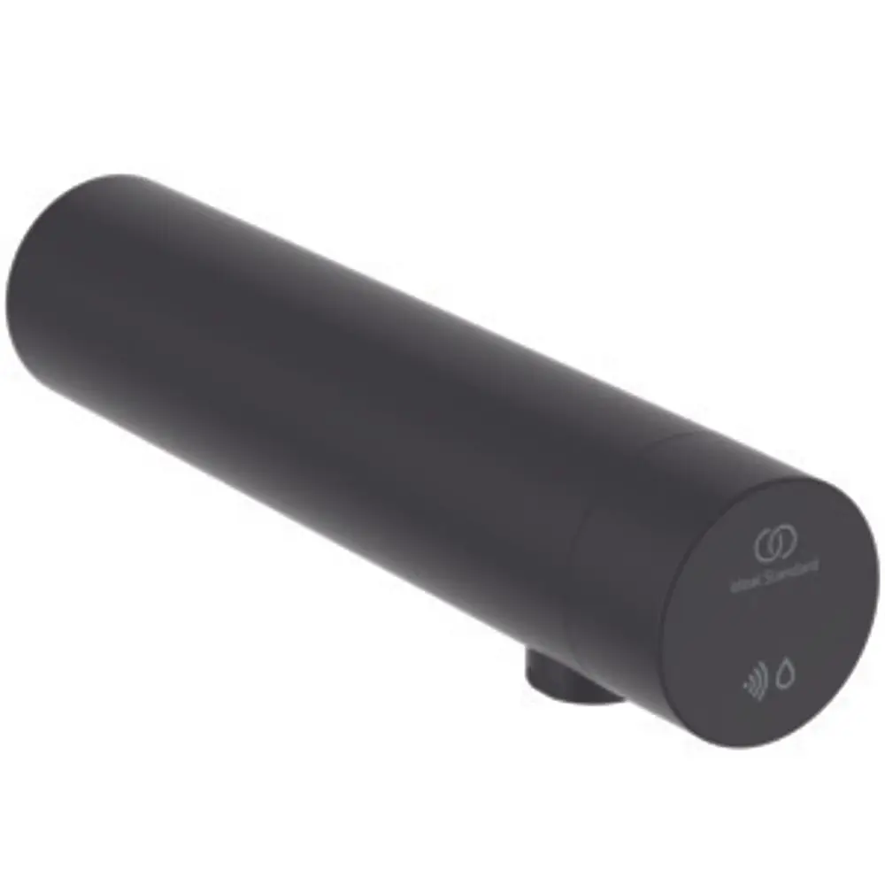 Wand-Waschtischarmatur in Silk Black mit Sensorbetrieb und Auslauf, hergestellt von Ideal Standard. Kompakte Bauweise mit klaren Bedienelementen.